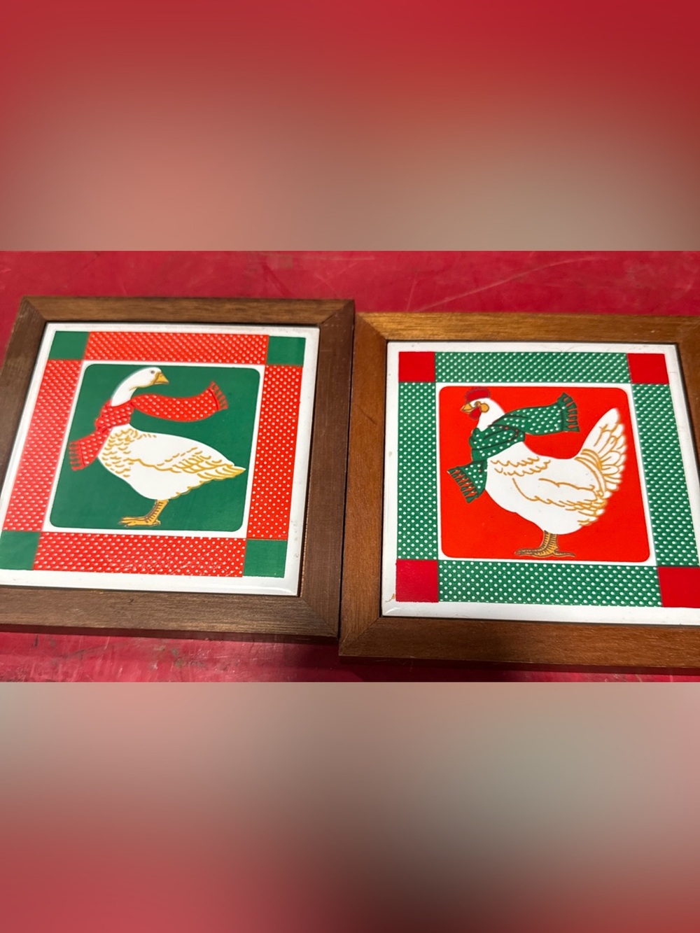 Festive Goose and Chicken Holiday trivets/ tiles/ Wall Art Pair